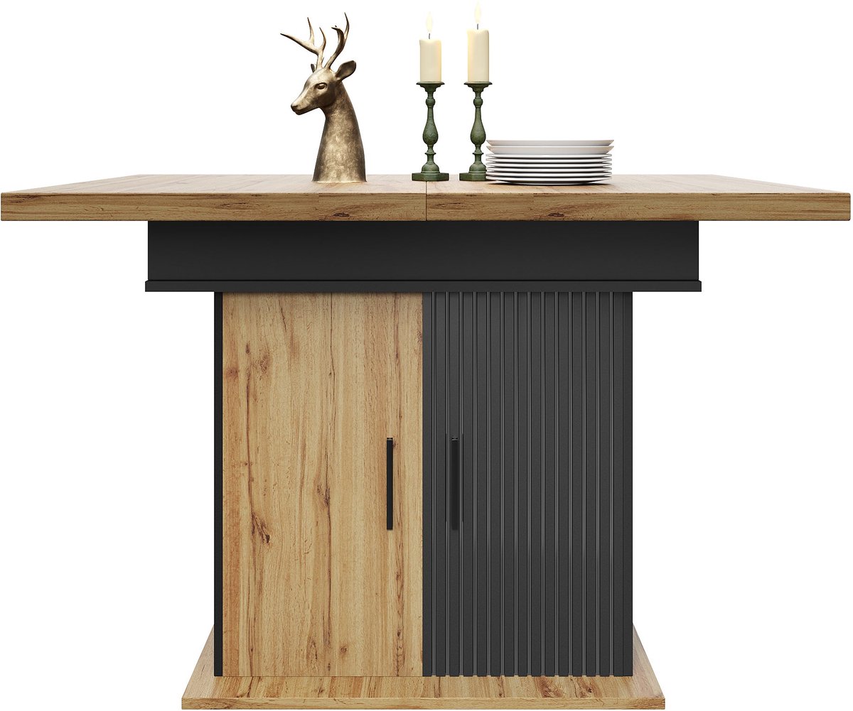 Merax Uitschuifbare Eettafel 110-140 cm – Klapbare Keukentafel met Opbergruimte – Ruimtebesparende Eettafel voor 4-6 Personen – Zwart met Houtkleur
