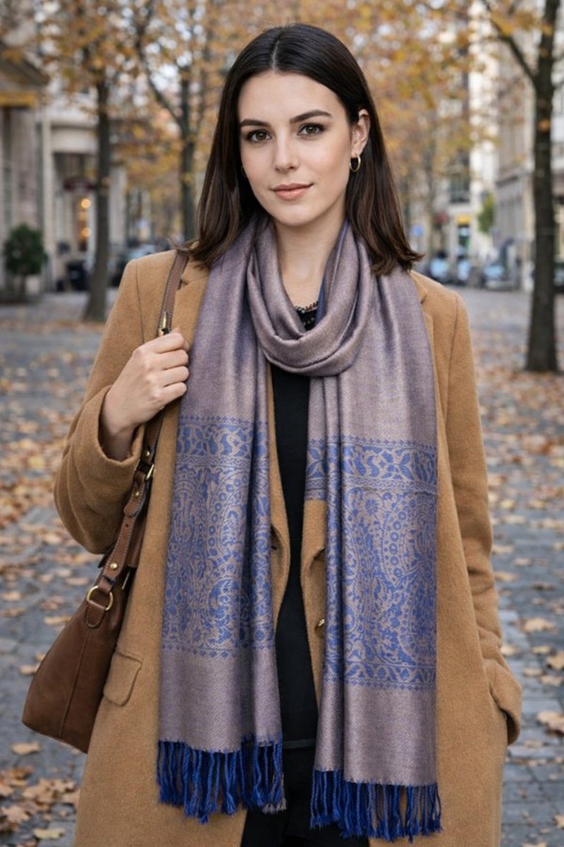 Dames Sjaal – Elegante Paisley Sjaal met Franjes – Warme Herfst Winter Mode Sjaal- Tweezijdige omslagdoek 217/5- Zilver