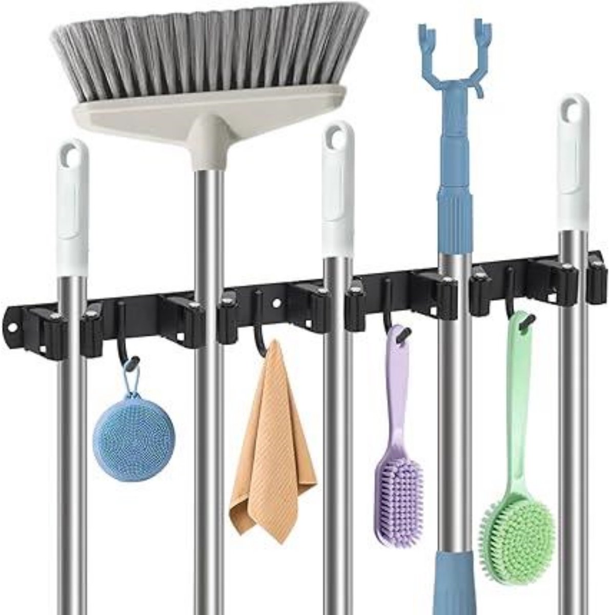 GELLDG 1 Stuks - Opslagsysteem - Wandmontage Gereedschapshouder - 42.5x4.5cm - Multifunctioneel & Ruimtebesparend - Geschikt voor Garage Werkplaats Tuin en Berging - Metaal - 5 Houders 4 Haken Zwart
