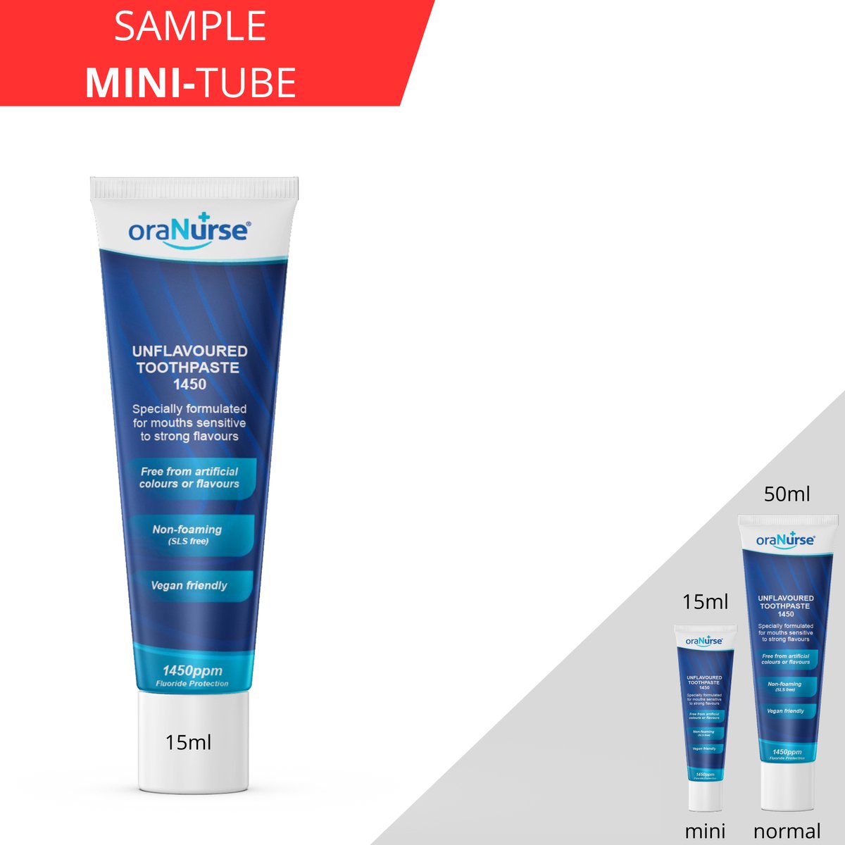 SAMPLE 15ML: oraNurse smaakloze schuimloze Tandpasta 1450ppm (voor volwassenen en kinderen vanaf 5 jaar) - smaakloos | schuimloos