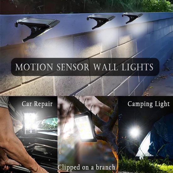 1 stuk 800lm Solar LED-lamp met bewegingssensor voor buiten-geschikt voor camping, tent, lantaarn, clip, muur, waterdicht, tuin, COB, buitenterras-draagbare beveiligingslamp voor camping, goten, hek, garage — afbeelding 4