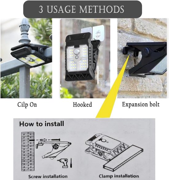 1 stuk 800lm Solar LED-lamp met bewegingssensor voor buiten-geschikt voor camping, tent, lantaarn, clip, muur, waterdicht, tuin, COB, buitenterras-draagbare beveiligingslamp voor camping, goten, hek, garage — afbeelding 3