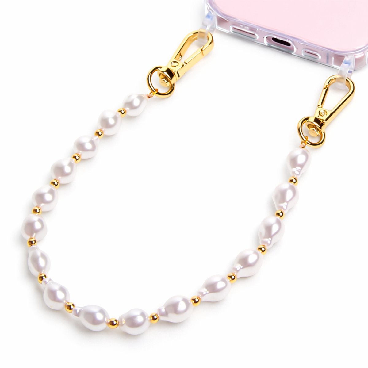 Parel telefoonkoord – Telefoonketting – Kort Polskoord 30 cm – Goudkleurige Details – Universeel met Lanyard Pad
