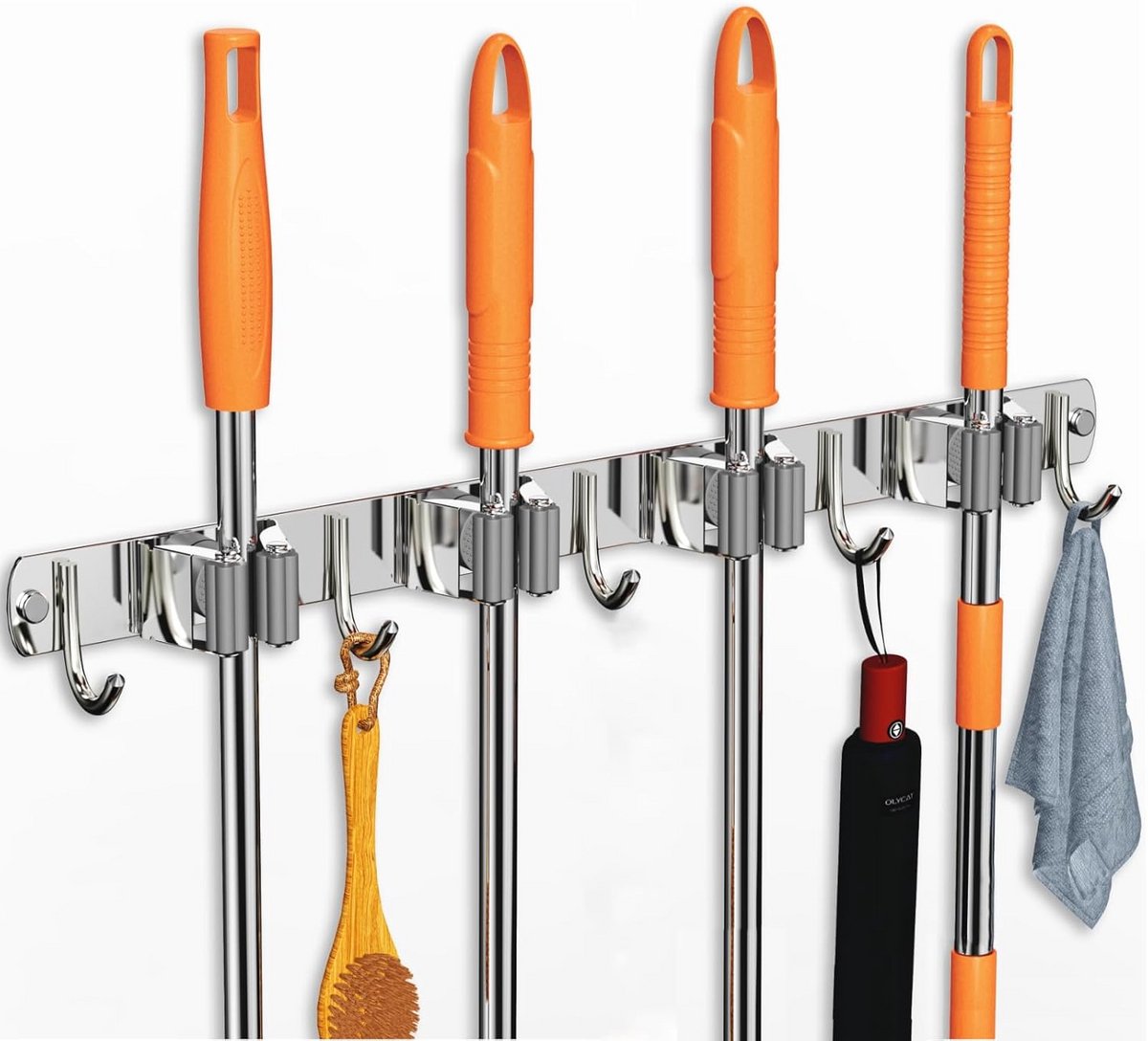 Wandmontage Mop en Bezem Houder met 4 Rekken en 5 Haken - Roestvrij Staal Organizer voor Thuis