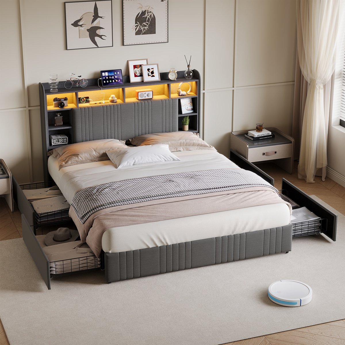 Gestoffeerd bed 140 x 200 cm, opbergbed met 4 lades, tweepersoonsbed met led- en usb-aansluiting, continentaal bed, grijze linnen stof