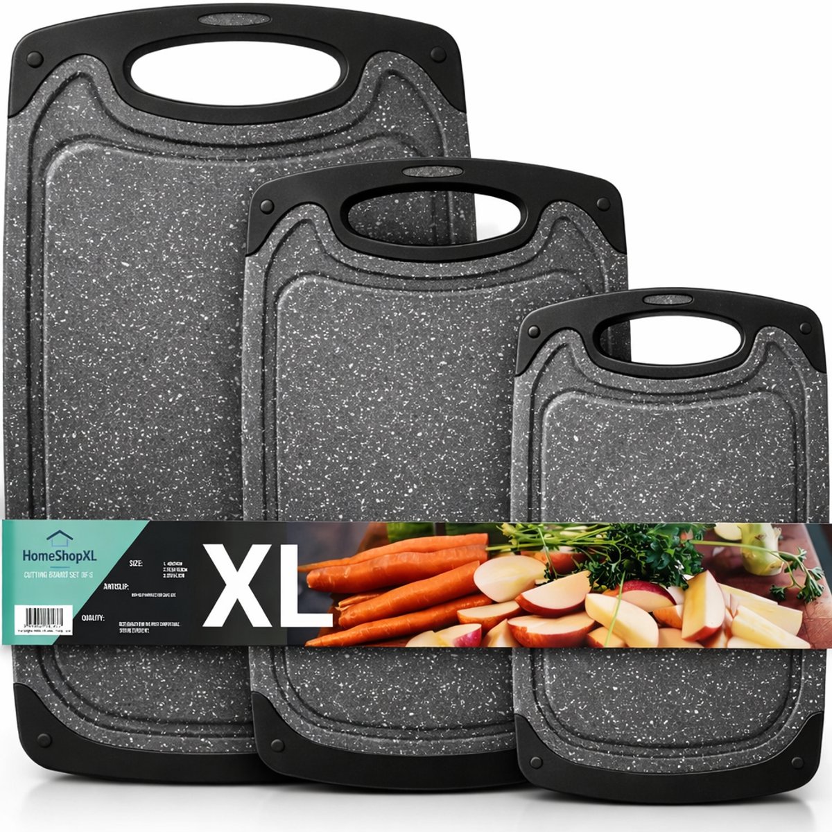 3x Snijplank - Set 3 Delig – BPA Vrij Kunststof Snijplanken – Antislip Handvaten – Met Lekrand – Vaatwasserbestendig – Zwart - met Grote Snijplank van 40x24cm