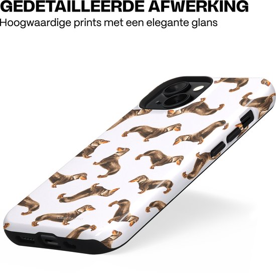Wit telefoonhoesje met een print van bruine teckels in verschillende posities.