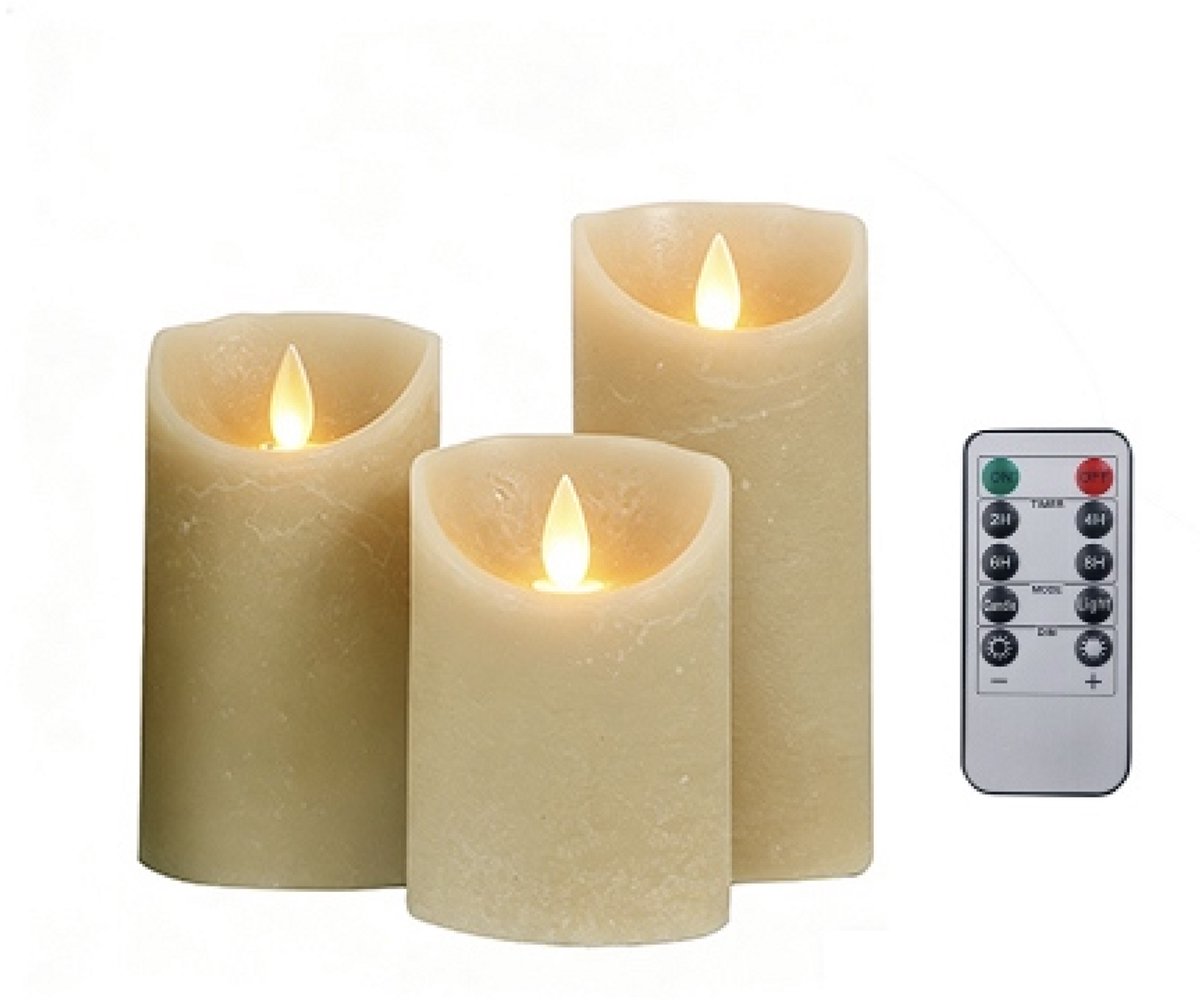 Foryouliving - LED kaarsen met bewegende vlam 3x - Taupe - Afstandsbediening - Stompkaars rustiek wax - LED kaars batterij - Timer - 7.5 x 10 12.5 15 cm