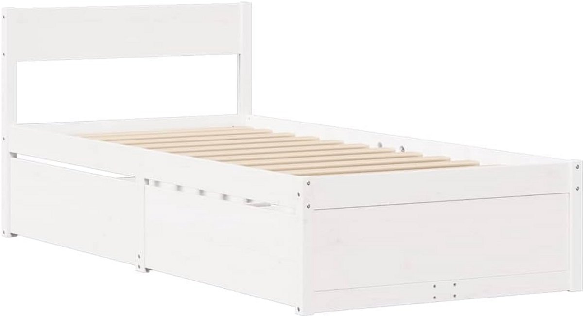 Eenpersoonsbedframe Massief Grenen Wit met Hoofdeinde en Opbergladen 90x200 cm