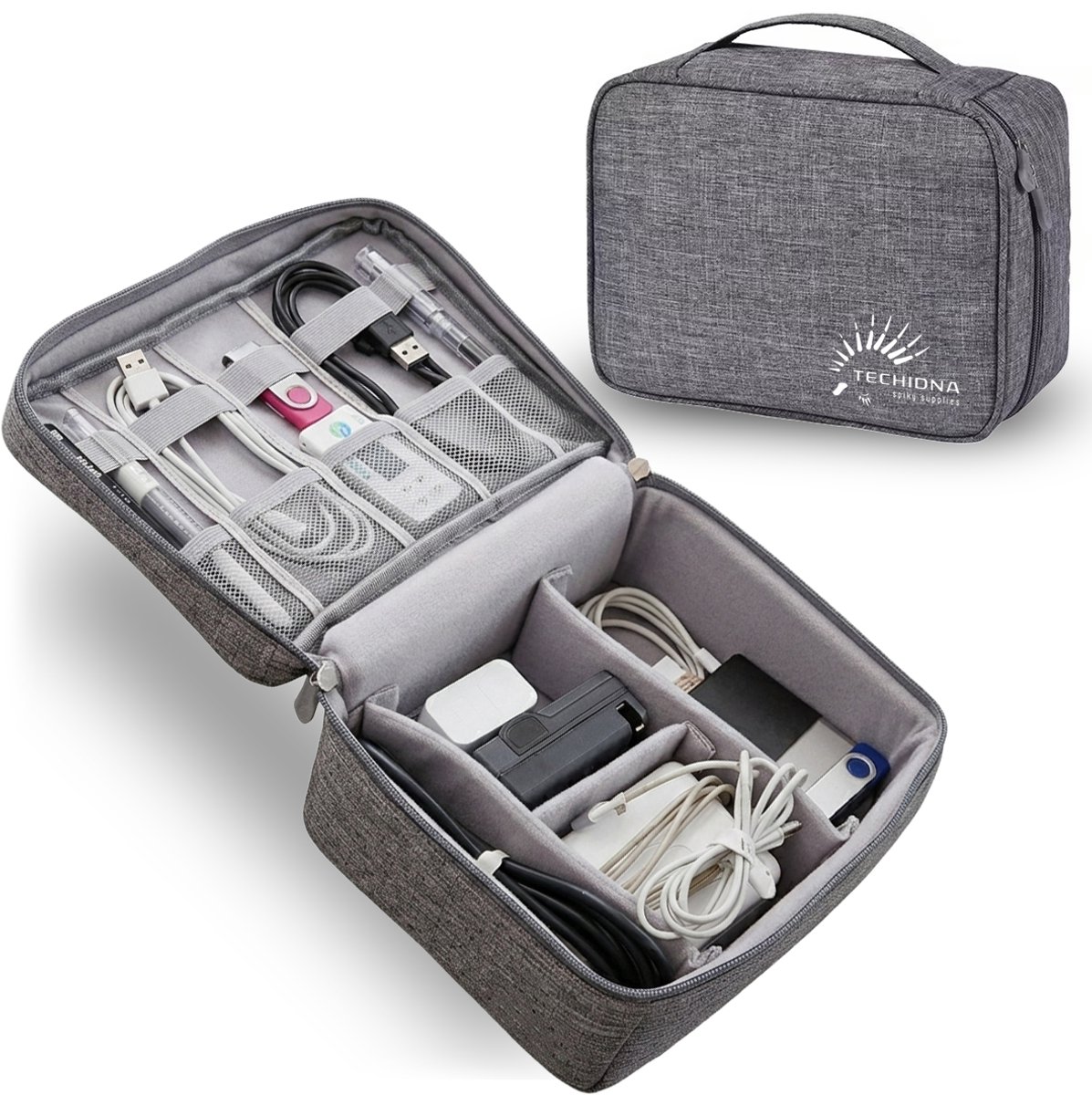 Techidna® - Kabel organiser tas - Grijs - Compact design - Waterafstotend - Geschikt voor elektronische accessoires