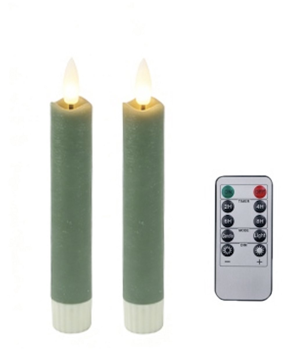 Foryouliving - LED kaarsen met flikkerende vlam 2x - Groen - Green - Afstandsbediening - Dinerkaars rustiek wax 15.5 cm - LED kaars batterij - Timer