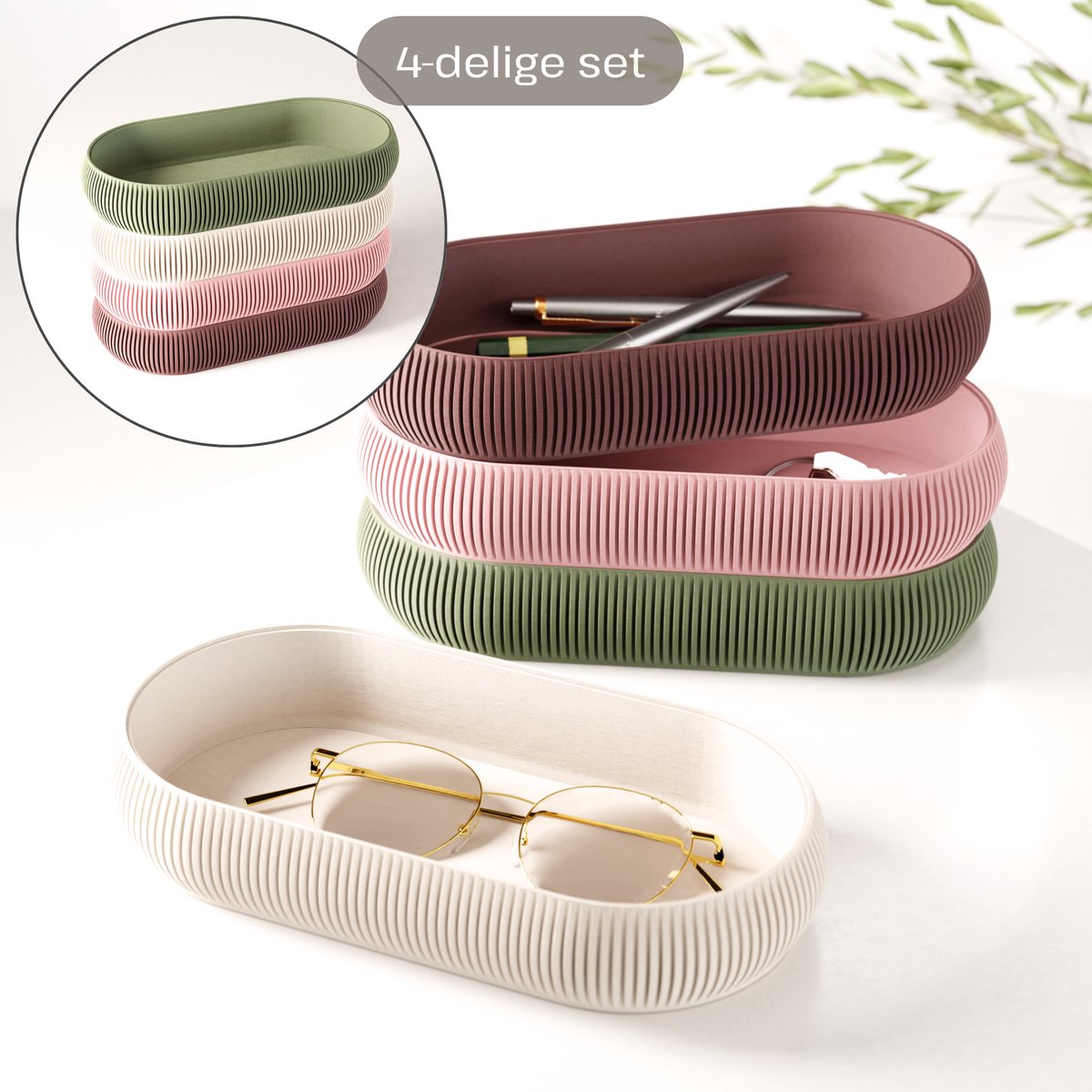 Fleuriek – Stapelbare organizer set 4-delig – Mix & match opbergsysteem – Trays + pennenhouder voor kantoor, bureau, badkamer & keuken – Groen-Roze
