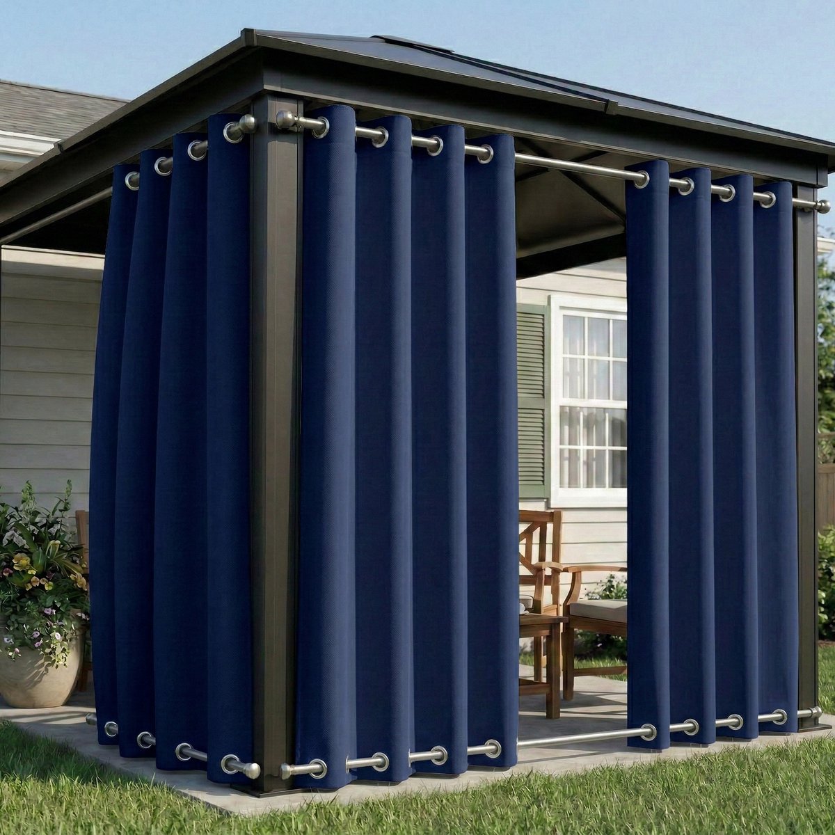 Qelus 2 Stuks Winddichte Buitengordijnen Waterdicht - Outdoor Gordijn Boven & Onder Oogjes - Verduisterend Balkongordijn - Rideau Extérieur - 132x274cm - Blauw Blauw (2 Stuks)