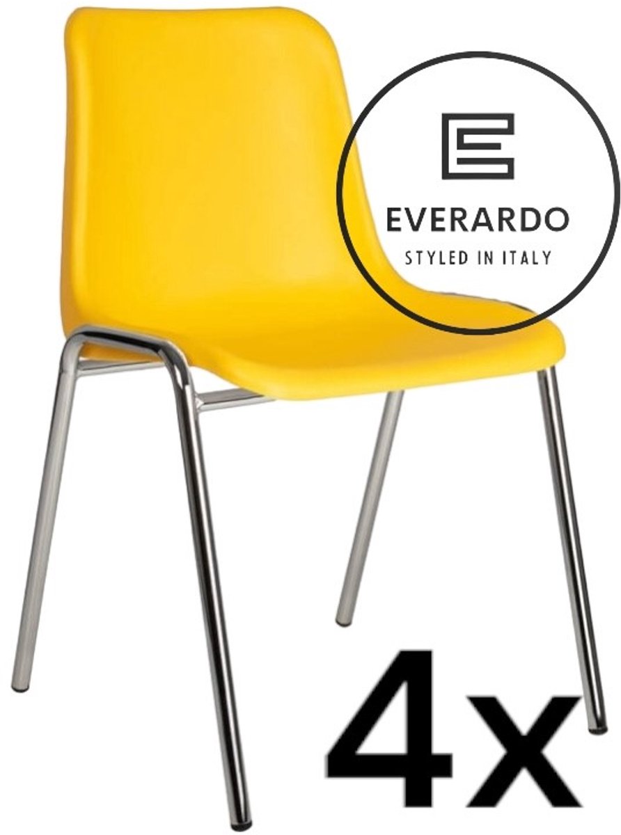 King of Chairs set van 4- model KoC Everardo geel met verchroomd onderstel. Kantinestoel stapelstoel kuipstoel vergaderstoel tuinstoel kantine stoel stapel kantinestoelen stapelstoelen kuipstoelen stapelbare keukenstoel Helene eetkamerstoel Gele zitting met verchroomd onderstel
