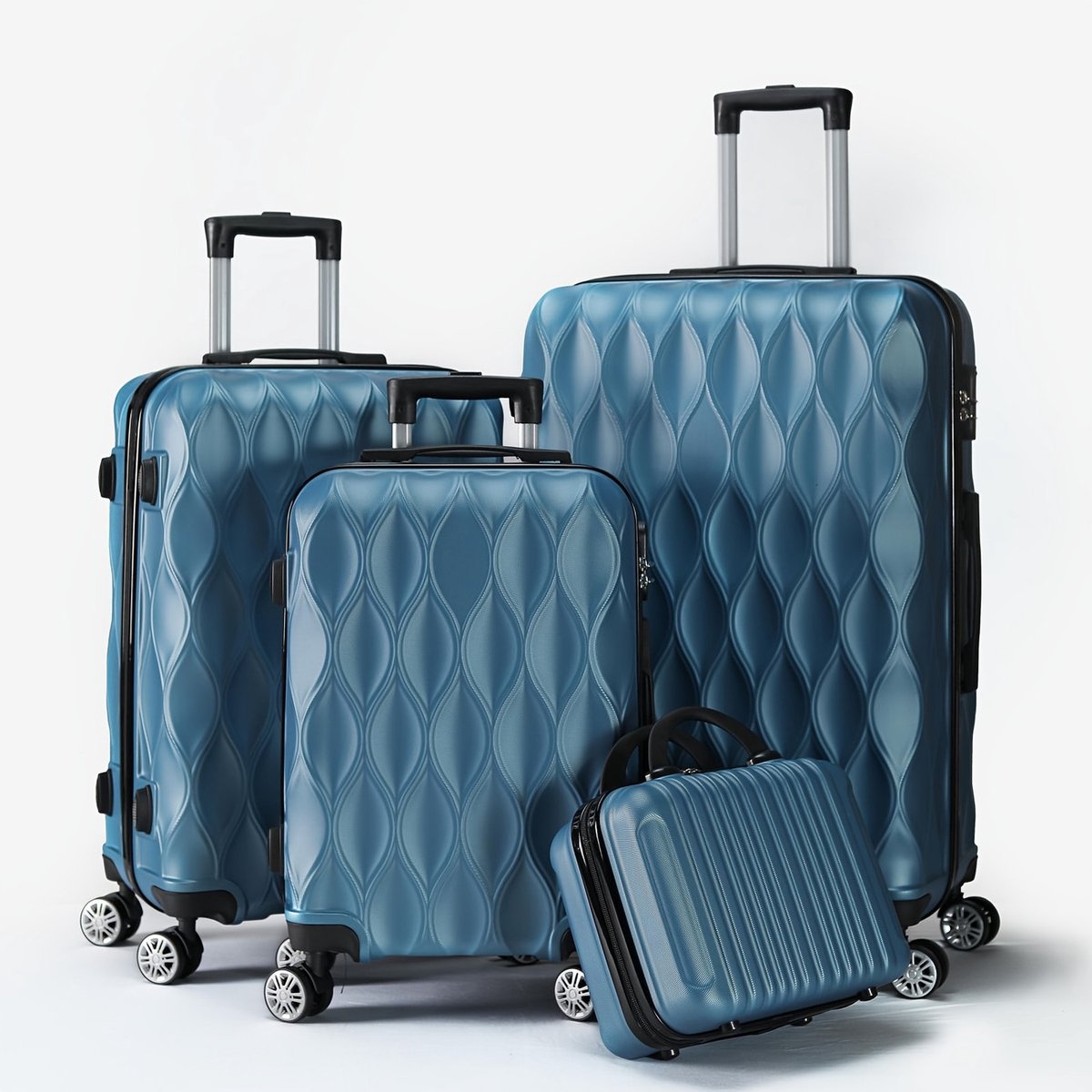 Harde Reiskoffer Set 4-delig – ABS met Bladrelief Design – Stil Draaiwielen – Trolley Set 12/20/24/28 Inch – Blauw
