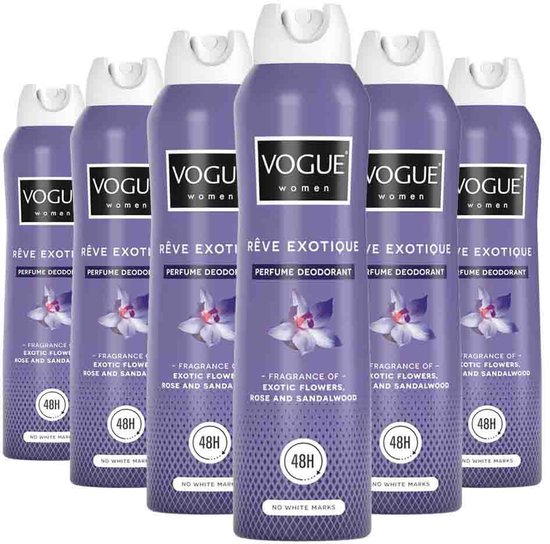 Zes paarse Vogue parfum deodorans Rêve Exotique met 48H bescherming.