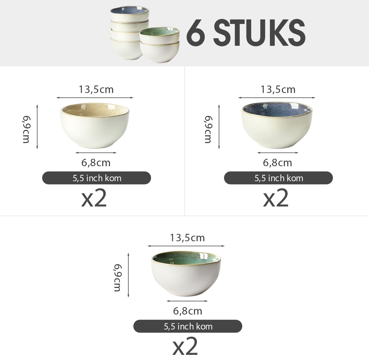 Set van 6 Kommen (Ø13,5cm / 580ml) Ontbijtkommen, Mueslikom, Dipschaaltjes, Soepkom, dubbel reactief glazuur, serviesset 6 persoons, Geschikt voor restaurants, familiefeesten, banketten en picknicks, Magnetron-vaatwasserbestendig, Keramiek — afbeelding 5