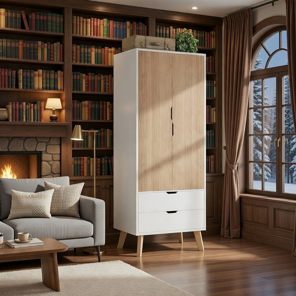 Moderna NovaWardrobe Luxe Kledingkast met 2 Laden, Kledingstang en Open Opbergruimte – 198 x 76 x 50 cm – Witte Kledingkast met Houtlook – Moderne Garderobekast voor Slaapkamer, Logeerkamer en Kantoor – noviHome