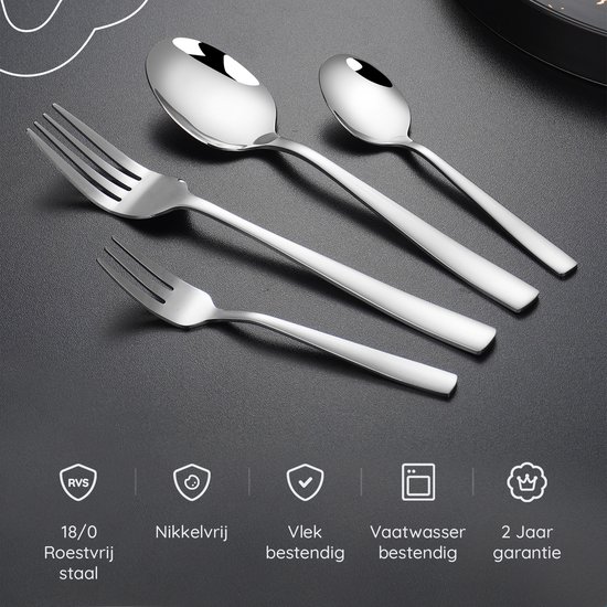 Ménagère Deleca Essential pour 6 personnes (36 pièces) - Cuillères, Couteaux, Fourchettes, Couteaux à steak et fourchettes à pâtisserie - Passe au lave-vaisselle - Argent brillant / Acier inoxydable