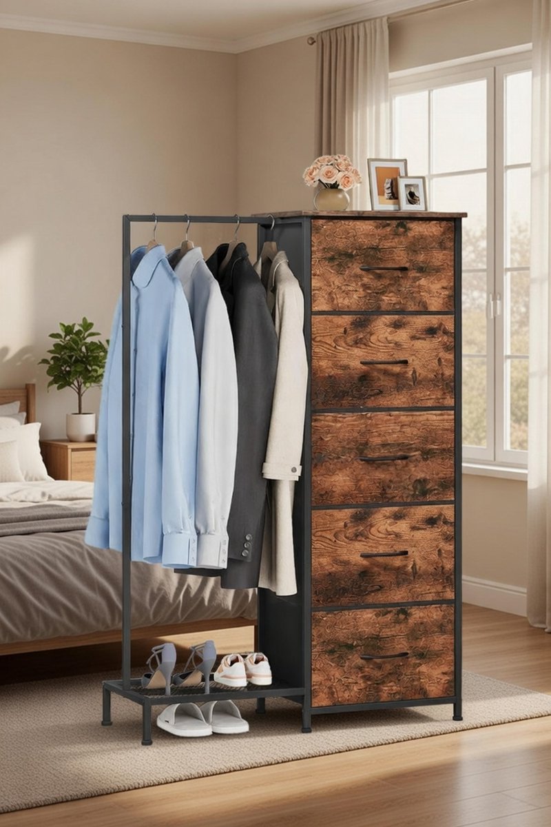 Luxe Stoffen Commodekast met 5 Laden en Kledingstang – Hoge Ladekast Organizer voor Slaapkamer, Hal en Woonkamer – Houtlook Opbergkast met Metalen Frame – 79 x 30 x 114,5 cm – novihome