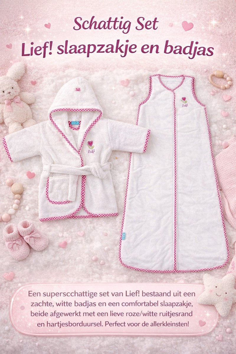 kraam cadeau- Lief! Baby Set – Badjasje & Slaapzak – voor meisjes-1-2 jaar- Zacht Wit met Roze Details