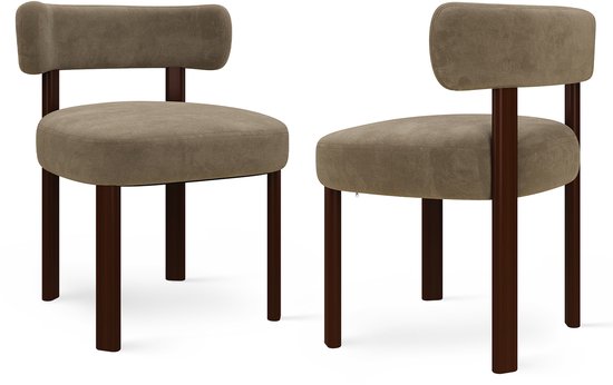 Twee bruine eetkamerstoelen met olijfgroene stoffering en donkerhouten poten op een witte achtergrond.