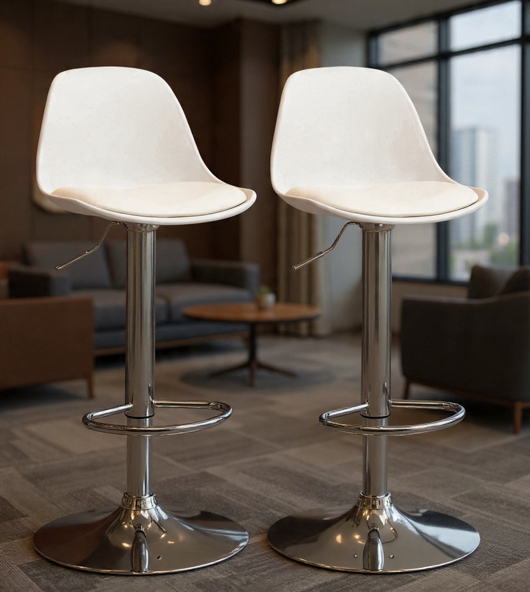 Bar Stools, Bar Chairs, Swivel Chairs, Set of 2 with Backrest, Modern Design, Height-Adjustable Faux Leather+Steel, White, 40 x 42 x 82-104 cm-Casa Serena – Casa Dorada