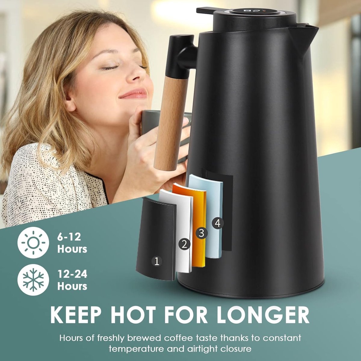 Dreamhigh® Thermoskan 1 Liter - Thermoskan voor Koffie - 100% Lekvrije Thermoskan - Roestvrij Staal - Warme en Koude Dranken - voor Thee - Melk en Koffie — cadeau in Koken & Dineren - foto 2