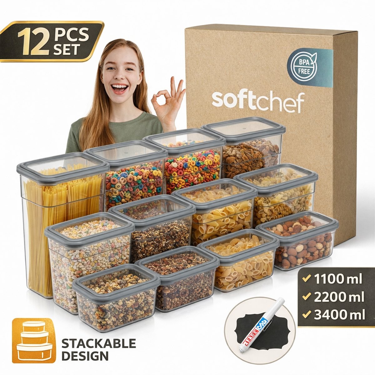 Soft Chef Soft Box Voorraadpotten Set 12 Delig – Pantry Organizer – Bewaardozen (4×1100 ml, 4×2200 ml, 4×3400 ml) – Rechthoekig – Stapelbaar – BPA Vrij – Inclusief Labels & Marker