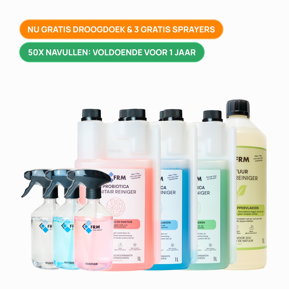 FRM Schoonmaakpakket 4-in-1 - Probiotica Sanitair, Vloer & Interieur + Speed Ontvetter - Schoonmaakset Huis - Werkt 7 Dagen Door - 1 Jaar Voldoende