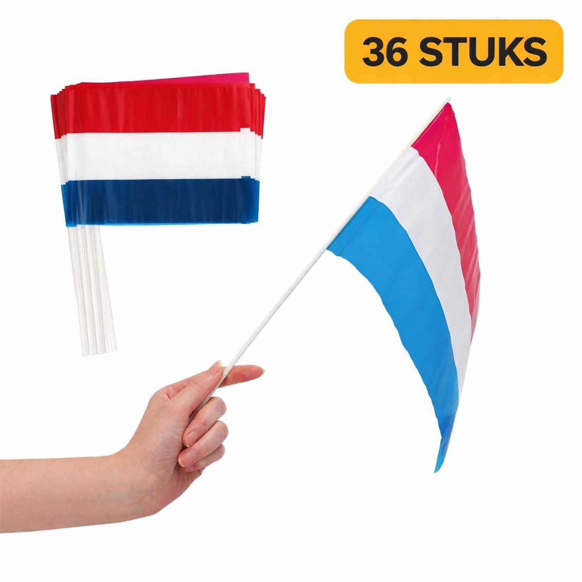 Nederlandse Handvlaggetjes 36 Stuks – Rood Wit Blauw Vlaggetjes met Stokje – Koningsdag / EK / WK / Feest & Evenement – 20x28 cm