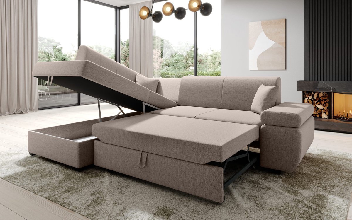 Hoekbank Felix- beige - lounge links- met bed en opbergruimte- Hoeksalon met bed links- zetelsenbedden