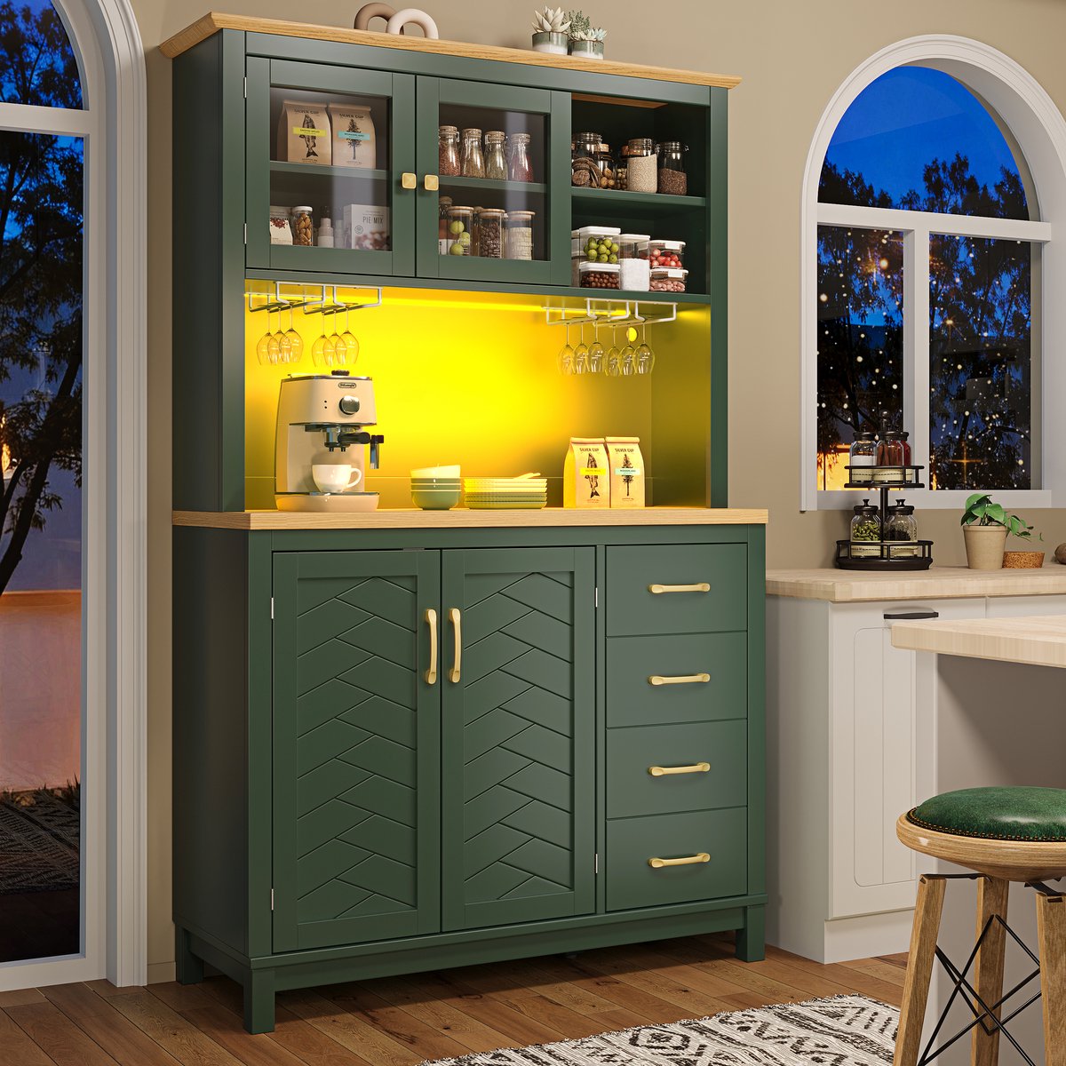 Buffetkast - opbergkast - keukenkast - dressoir - 105,5x40x180 cm - landelijke stijl - 4 deuren - met LED-verlichting en wijnrek - groen