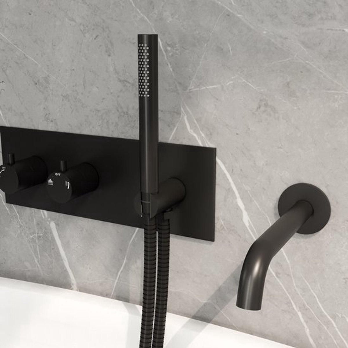 H&F Inbouw Badkraan met Handdouche – Mat Zwart – Compleet Inbouwsysteem – Badmengkraan Wandmontage