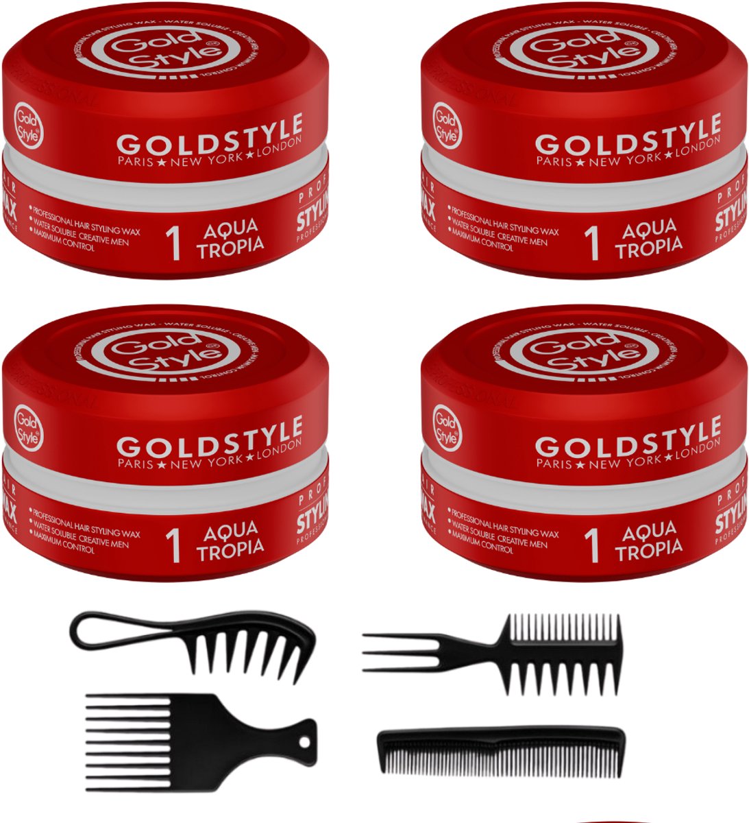 Gold Style Aqua Tropia 01 Haar Wax Set – 4x stuks + 4 Styling Kammen – Sterke Hold – Haar Wax voor mannen.