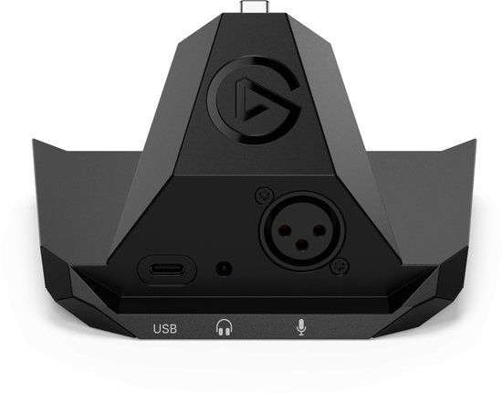 Zwarte Elgato XLR Dock MK.2 met USB-C, hoofdtelefoon- en microfoonaansluitingen, en een XLR-poort.