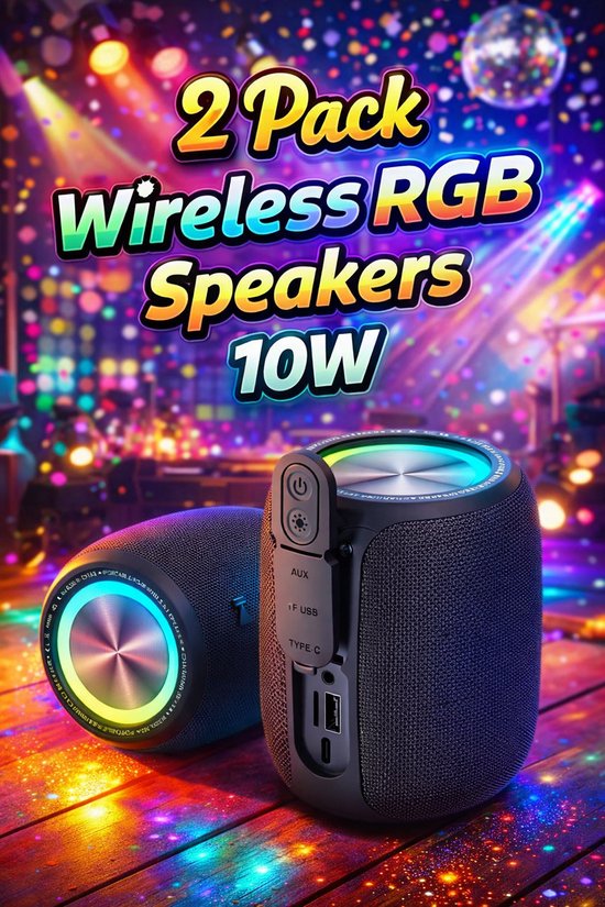 Set van 2 draadloze Bluetooth speakers 10W, koppelbaar stereo, waterbestendig, RGB LED, draagbaar, USB/TF/AUX/FM