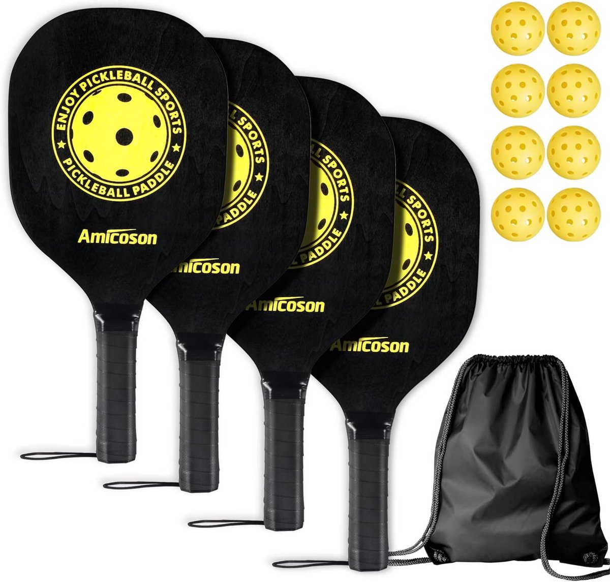 Houten Pickleball Peddels Set - 4 Peddels, 8 Balls, Draagtas