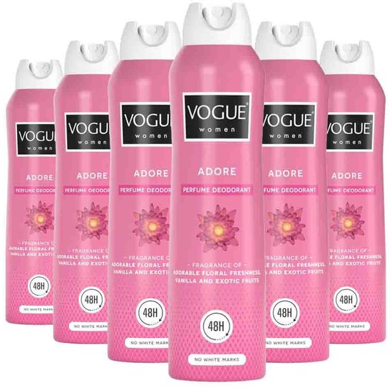 Voordeelverpakking Vogue Adore Parfum Deodorant: 6x 150ml, felroze spuitbus met patroon, '48H' en 'NO WHITE MARK'.