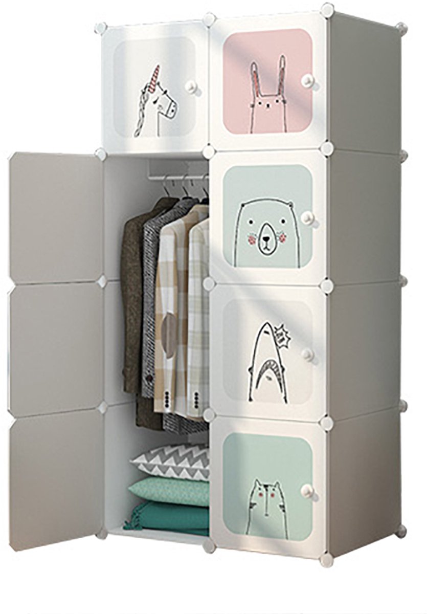 Modulaire Kinderkast met 8 Cubes - Kledingkast met Kledingroede & Deurtjes - Opbergsysteem voor Speelgoed en Kleding - Vrolijk Dierenmotief - DIY Kast voor Kinderkamer