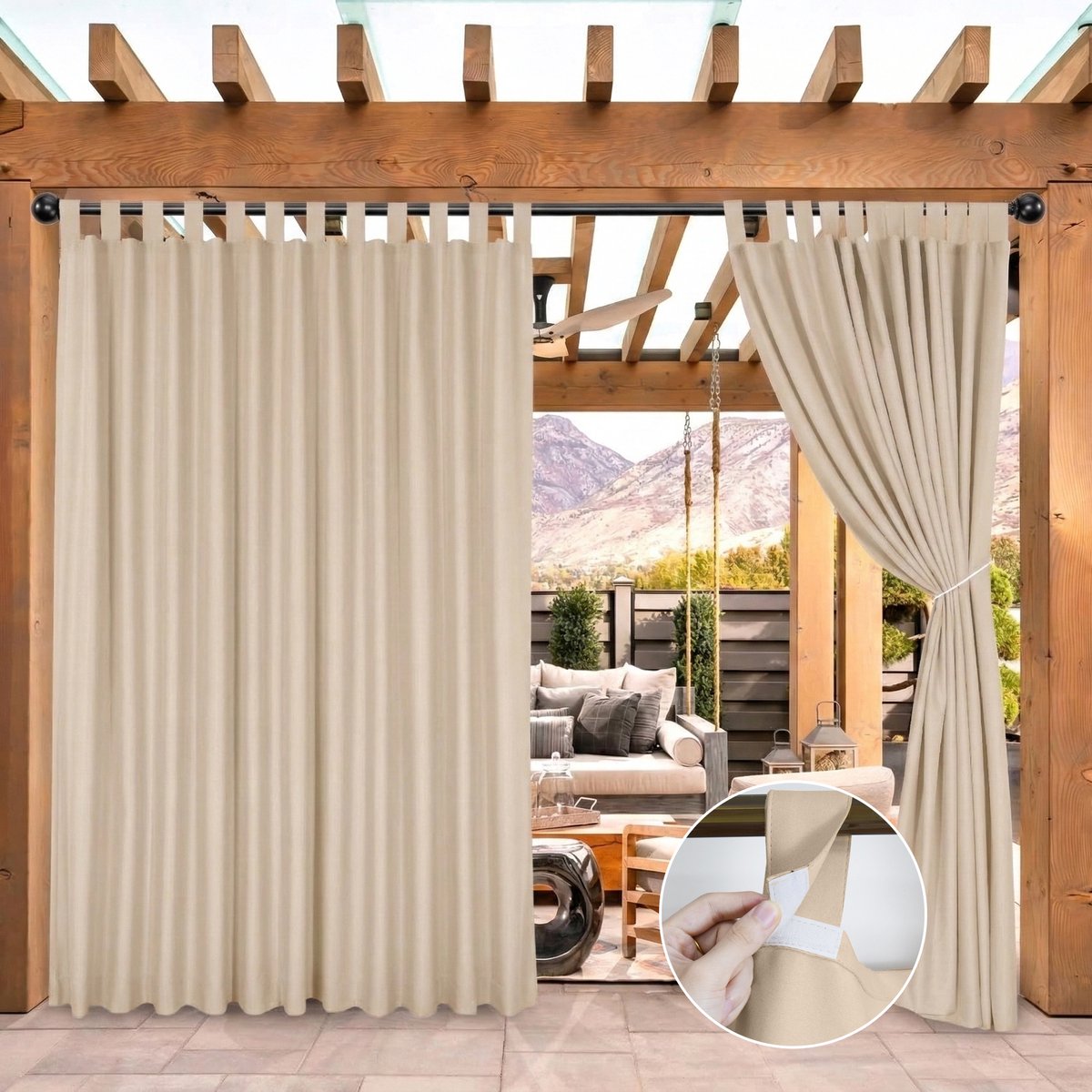 Qelus Extra Breed Buitengordijn met Klittenband Lussen - Waterdicht Outdoor Gordijn 254cm - Verduisterend Balkongordijn - Rideau Extérieur - 254x213cm - Beige - 1 Stuk