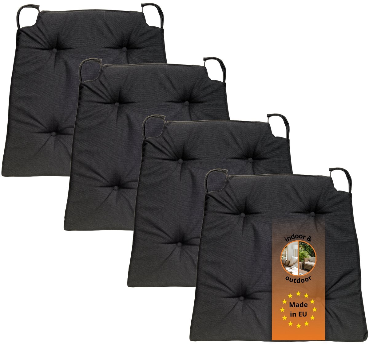 sleepling Basic 10 stoelkussenset 4-delig - stoelkussens 40x40 cm - stoelkussens buiten en binnen - stoelkussens eetkamer, stoelkussen met lint en zitkussen met klittenband - Made in EU - set van 4 - 41 (voor) / 35 (achter) x 40 x 5 cm - zwart