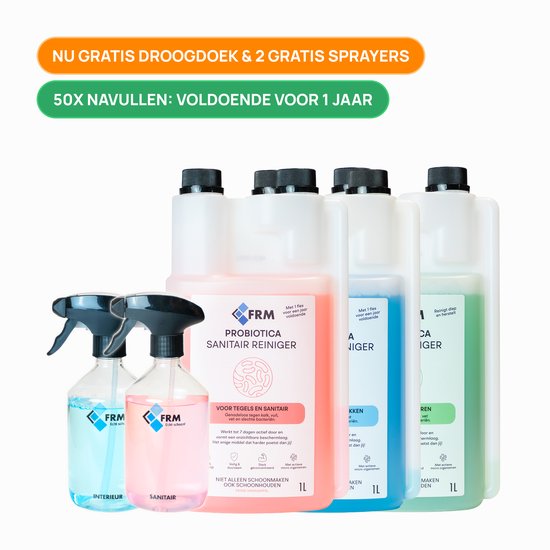 FRM Probiotica Schoonmaakpakket - Sanitair, Interieur & Vloerreiniger - Schoonmaakset Huis - 7 dagen actief - 1 jaar voldoende - Natuurlijk, Veilig & Krachtig