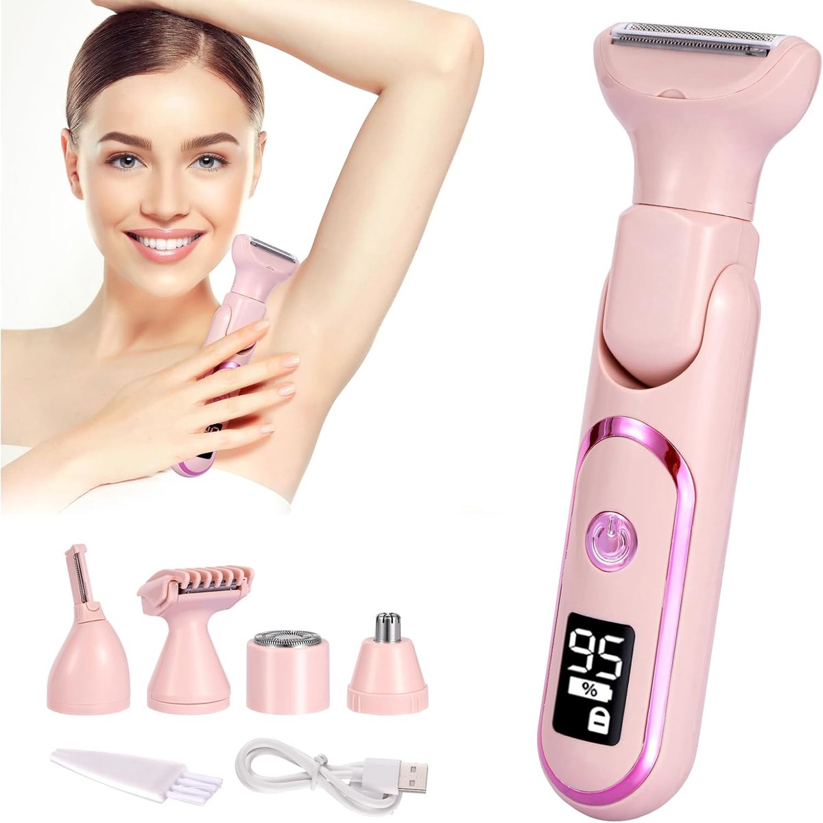 Epilator - 5-in-1 Elektrische Scheerapparaat voor Vrouwen - Oplaadbare Epilator met Waterdicht Ontwerp - Geschikt voor Gezicht, Benen en Lichaam - 17x5cm - Roze