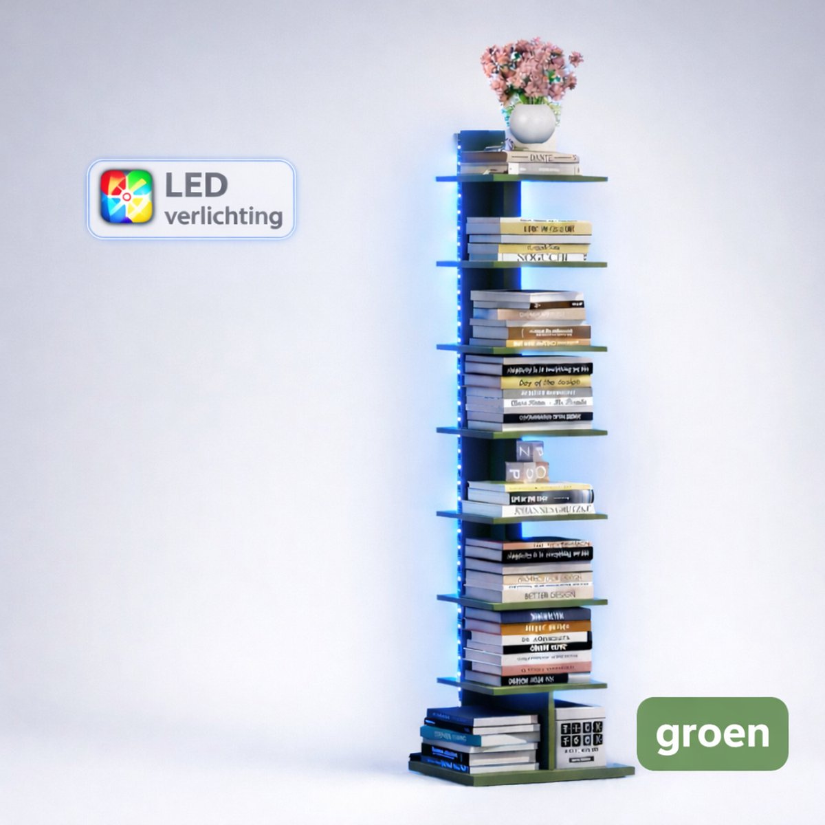Signature Home Boekenkast – Boekenrek - boekenkast kind - hoekrek - Hoekplank - met led verlichting - Olijfgroen