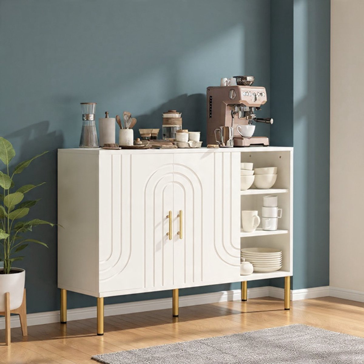 Aurélia Luxe Dressoir met Deuren – Crème Buffetkast met Goudkleurige Handgrepen en 3 Opbergniveaus – Moderne Opbergkast voor Woonkamer, Eetkamer, Keuken of Hal – 110 cm – Novihome