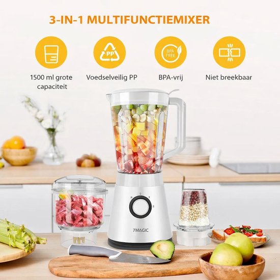 ShopWizz Blender - Multifunctioneel - 1500 ML - 3-in-1 - Smoothie - Vleesmolen - Hakmolen - Inclusief 3 Opzetstukken - Wit van 7MAGIC — afbeelding 4