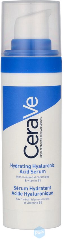 Fles CeraVe Hydrating Hyaluronic Acid Serum met witte pomp. De fles is wit met een blauwe en grijze band.