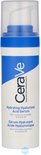 Fles CeraVe Hydrating Hyaluronic Acid Serum met witte pomp. De fles is wit met een blauwe en grijze band.