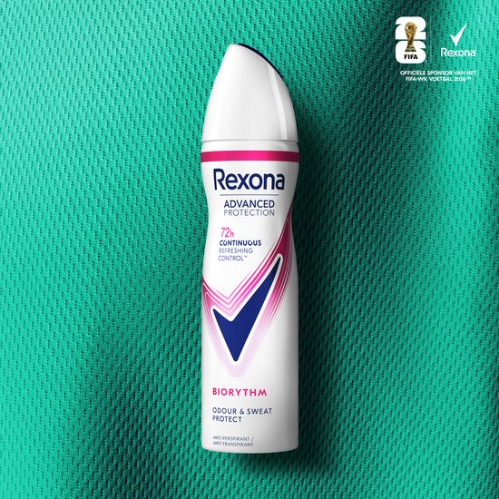 Rexona Advanced Protection Biorythm deodorantbus met witte en roze patronen.